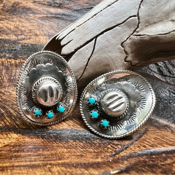 925 Sterling Silver Kingman Turquoise Cowboy Hat Stud Earrings Western